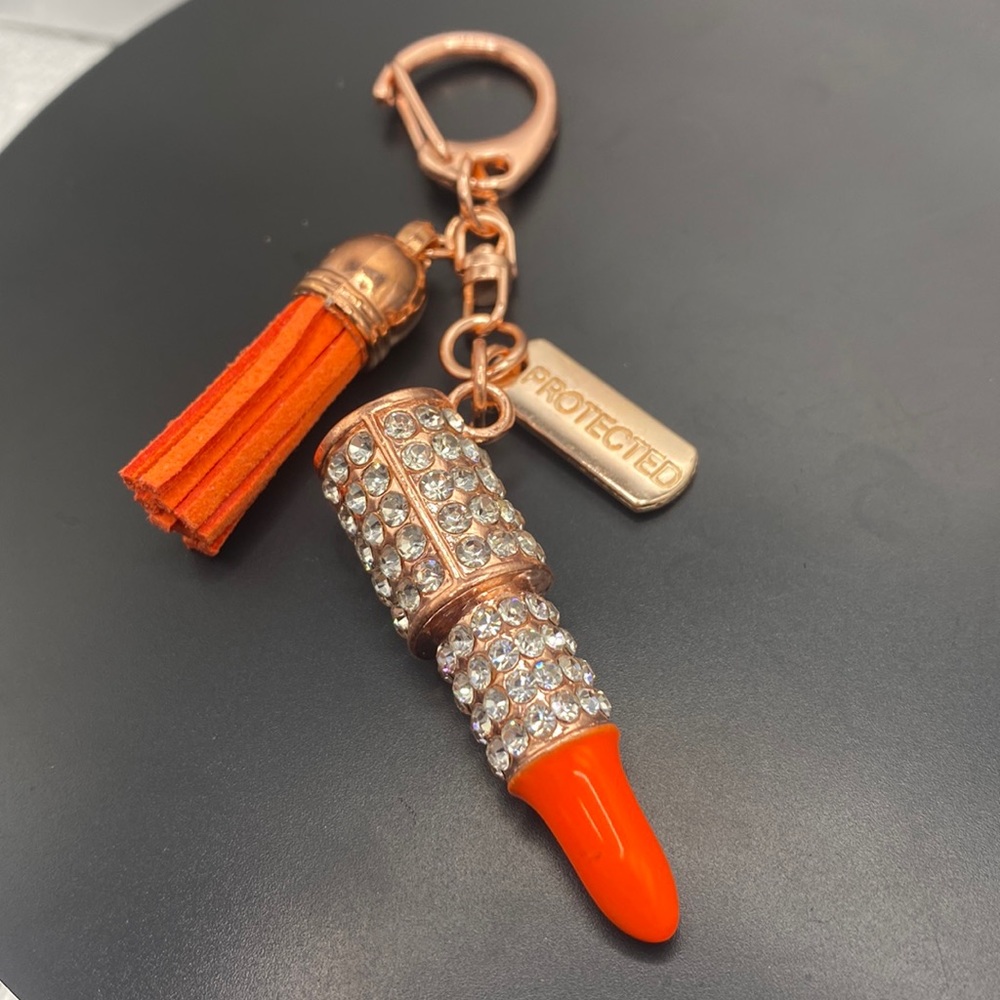 Rose gold tone key chain lipstick crystal orange with protected tag
